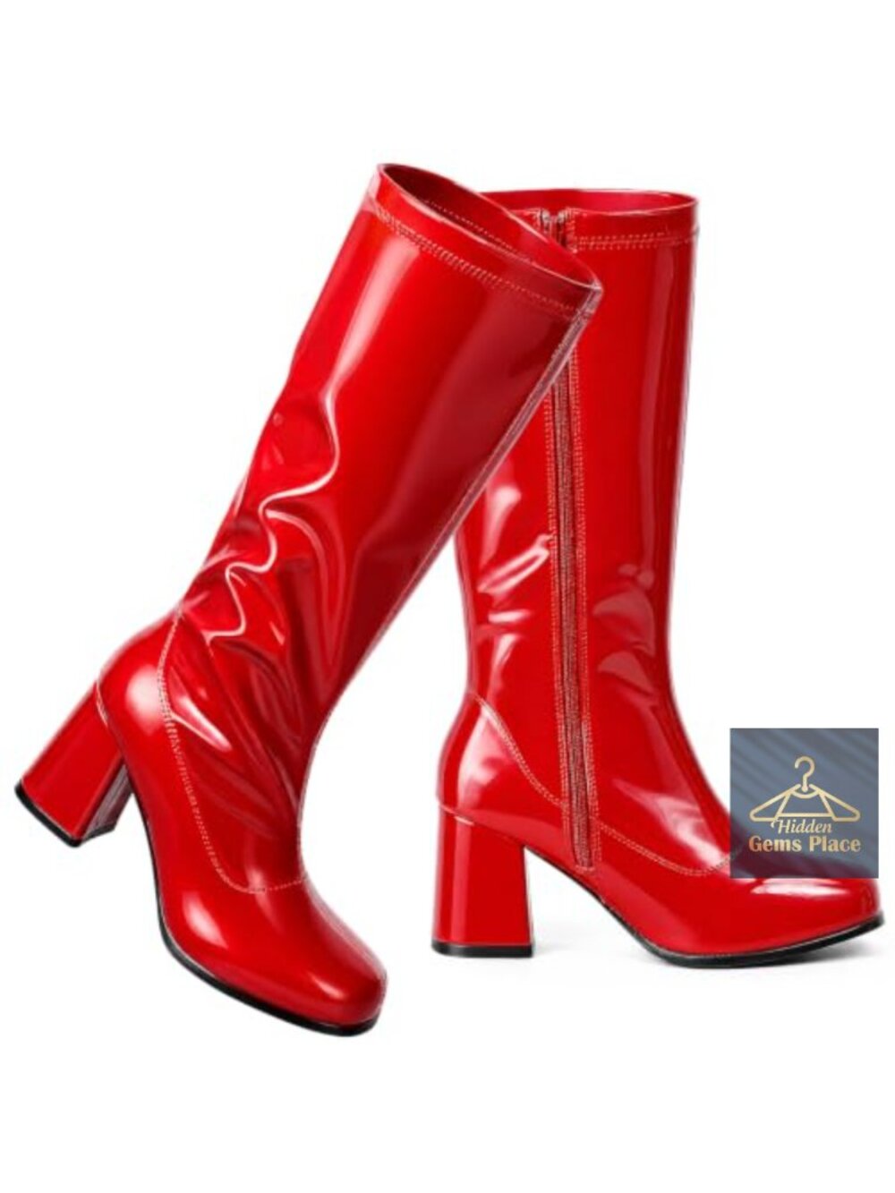 PU Patent Go Go Knee High Boots Chunky Block Heel Square Toe Zip Costume